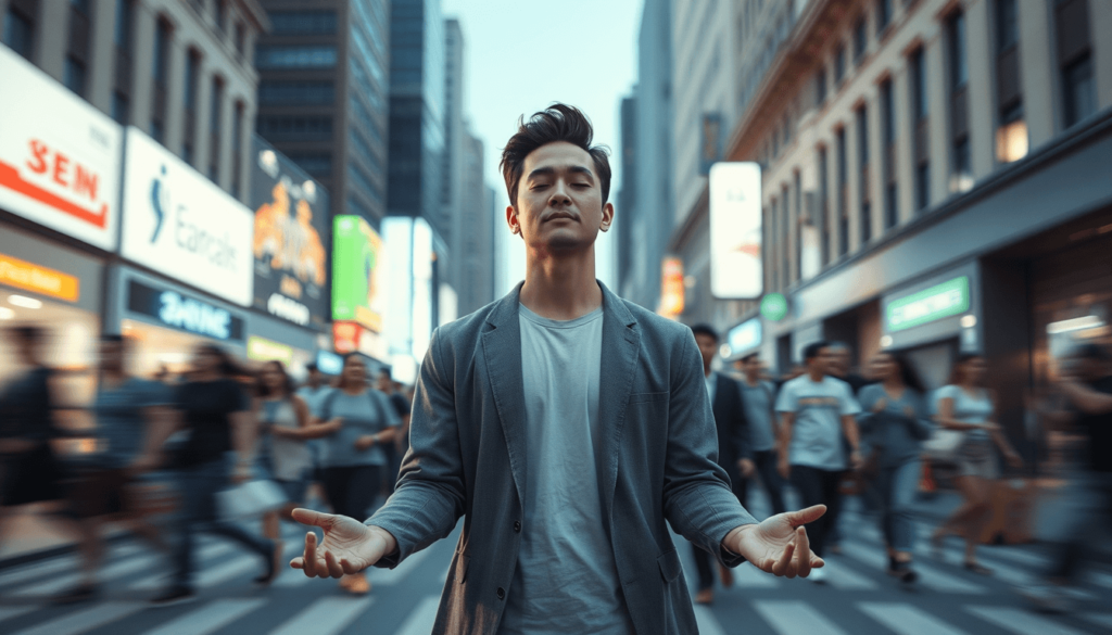 self-control is strength. calmness is mastery. you – tymoff in a chaotic world a calm,confident person stands in a busy city ,symbolizing the message “self-control is strength. calmness is mastery. you – tymof