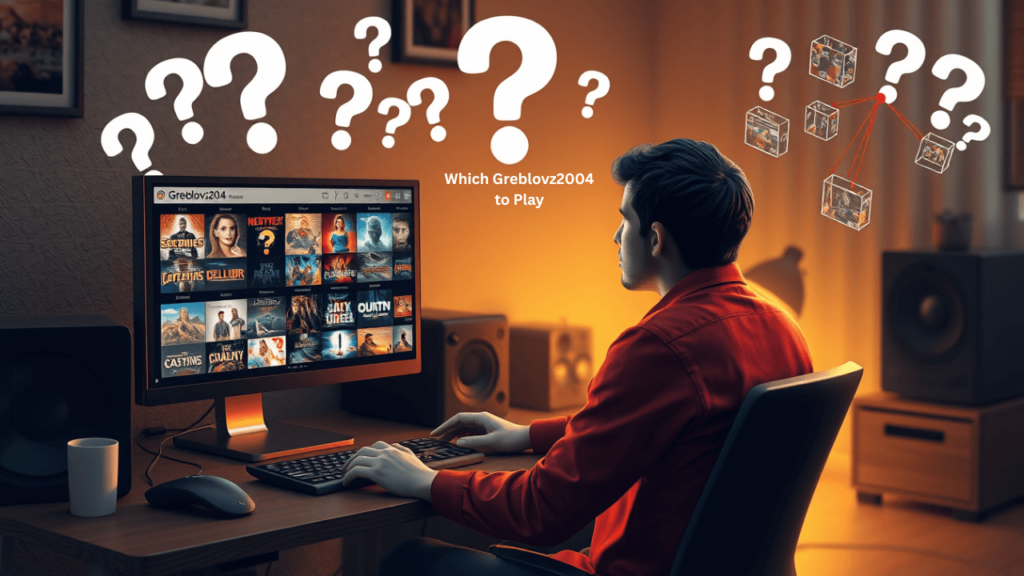 a gamer deciding which greblovz2004 to play, surrounded by game version icons and thoughtful visual cues.