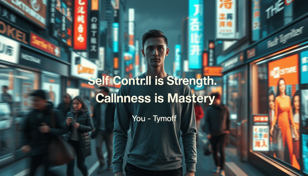 calm person standing still in a chaotic city, symbolizing the quote “self-control is strength. calmness is mastery. you – tymoff