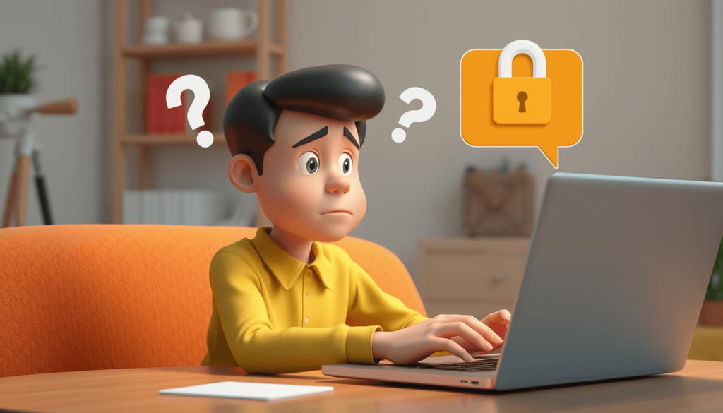 confused user on laptop using innovation news dualmedia with question marks and lock icons