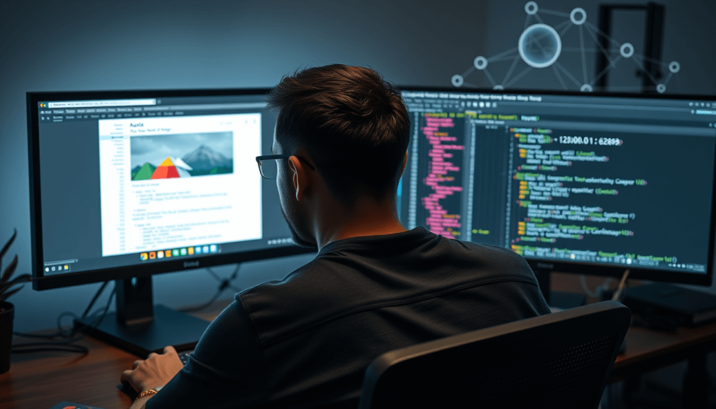  developer working with ip and port management: 127.0.0.1:62893 on dual monitors