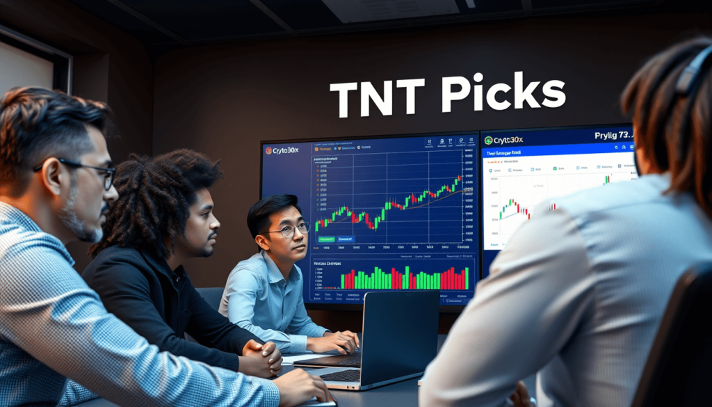crypto30x.com tnt picks discussion in virtual meeting room diverse crypto traders in a virtual meeting discussing crypto30x.com tnt picks