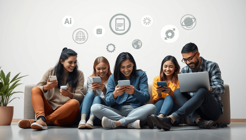 diverse group using innovation news dualmedia with tech icons like ai and robotics
