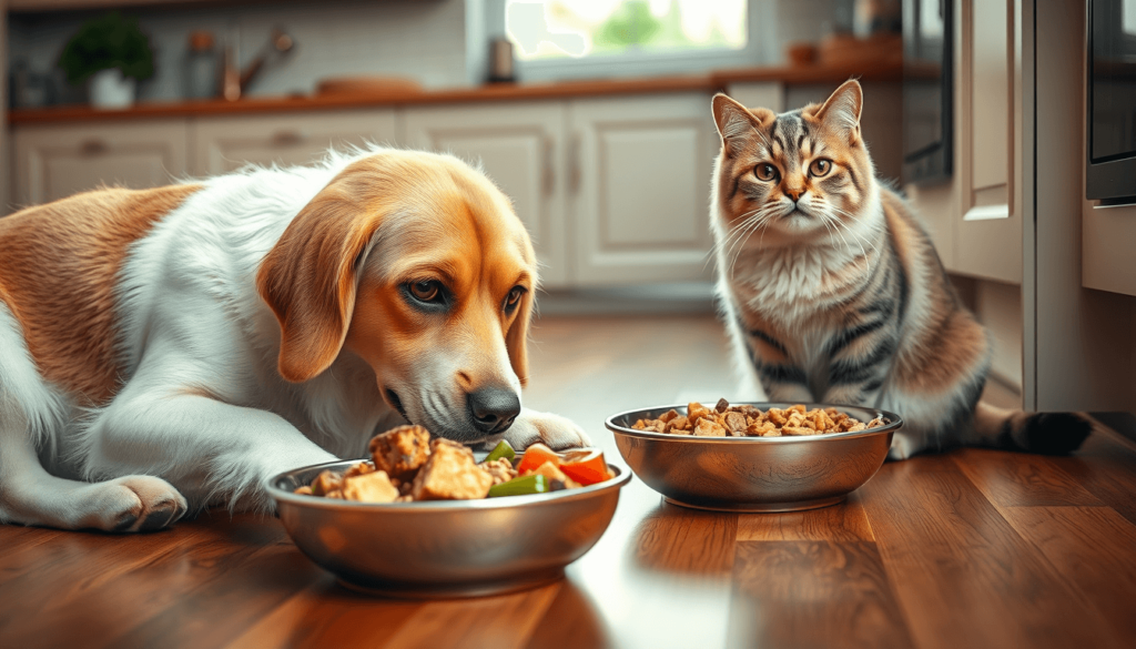 healthy dog and cat eating wellhealthorganic organic pet food dog and cat enjoying wellhealthorganic organic pet food with visible natural ingredients on kitchen floor
