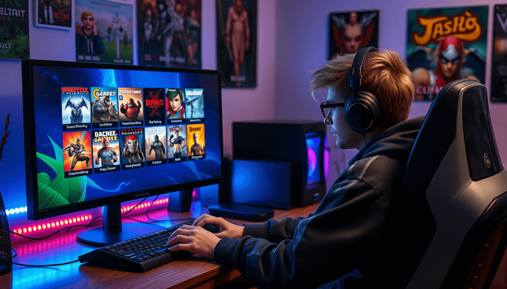 gamer deciding which greblovz2004 to play gamer deciding which greblovz2004 to play, viewing multiple version covers on a screen in a cozy, led-lit gaming setup.