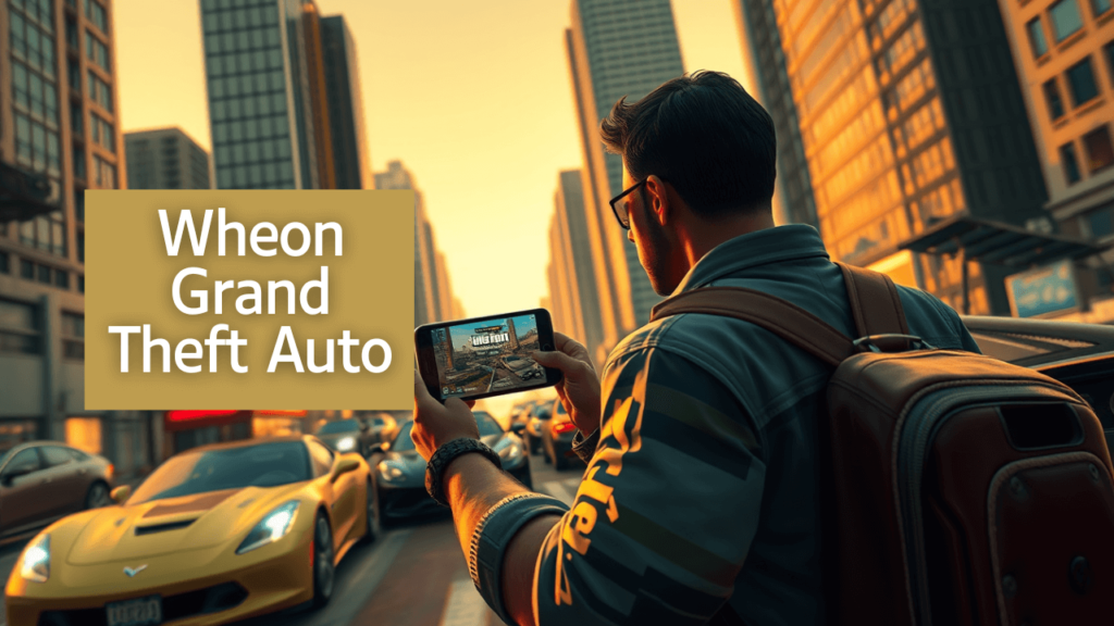 gta player with wheon grand theft auto benefits text in city backdrop.