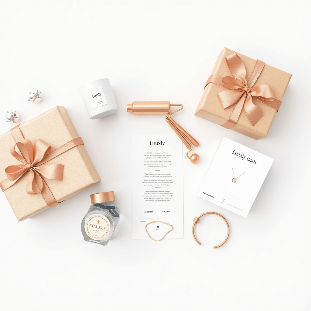 luuxly .com gift box flat-lay with candles, jewelry, and order confirmation