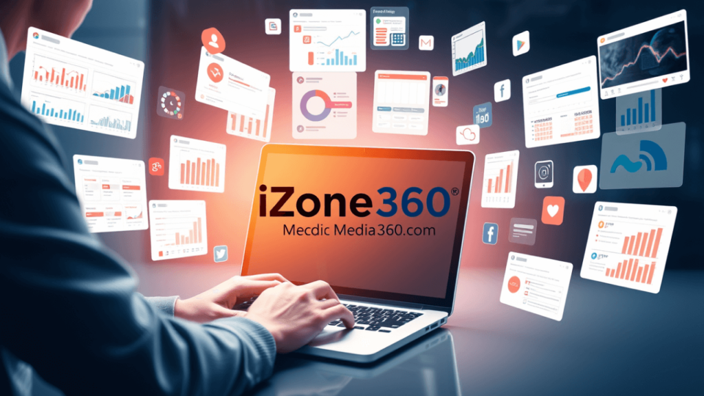 creative strategy and analytics by izonemedia360 com marketer with analytics and social media visuals, featuring izonemedia360 com.