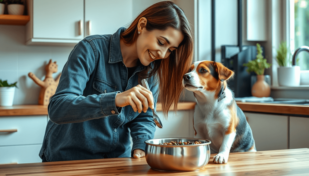pet owner serving wellhealthorganic food to excited dog in natural kitchen.