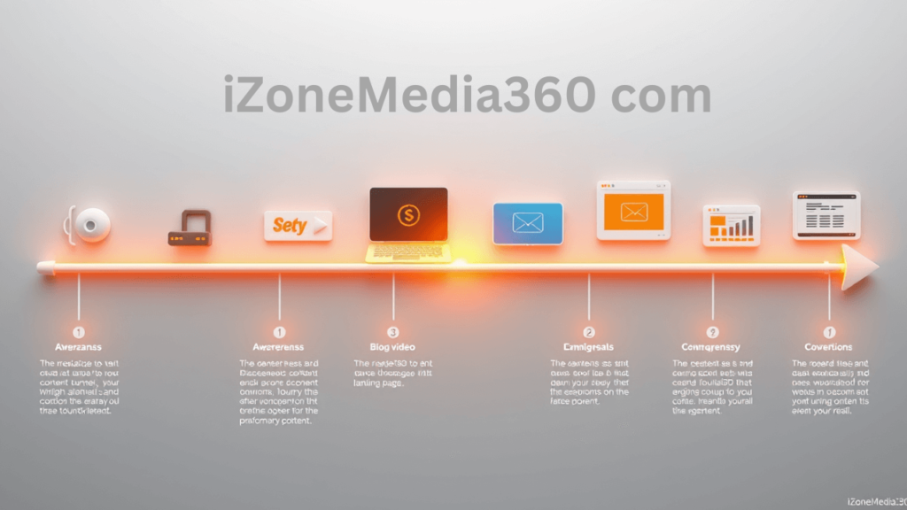 Buyer Journey Timeline Powered by iZoneMedia360 com a visual timeline showing the buyer journey from awareness to landing page icons, powered by izonemedia360 com