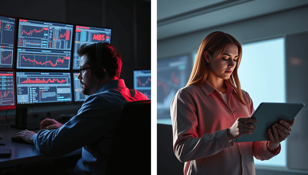 crypto30x.com tnt split view: chaos vs clarity in trading split image of stressed trader with red charts and focused trader using crypto30x.com tnt on tablet