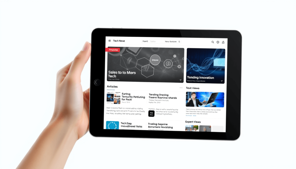 tablet showing innovation news dualmedia dashboard with tech headlines and expert tabs