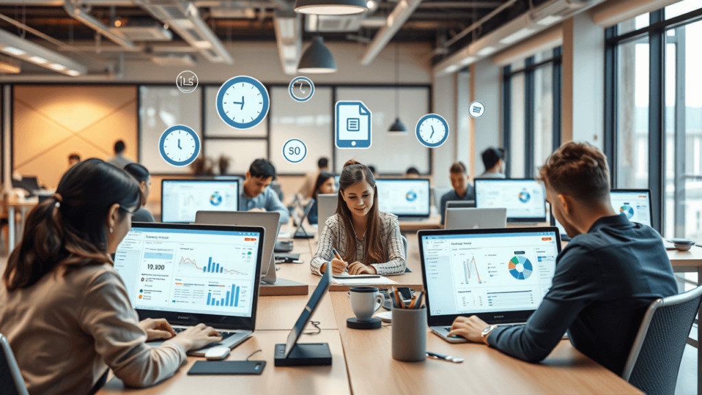 modern office with professionals using timewarp taskus dashboards, symbolizing productivity and balance in today’s digital work culture.