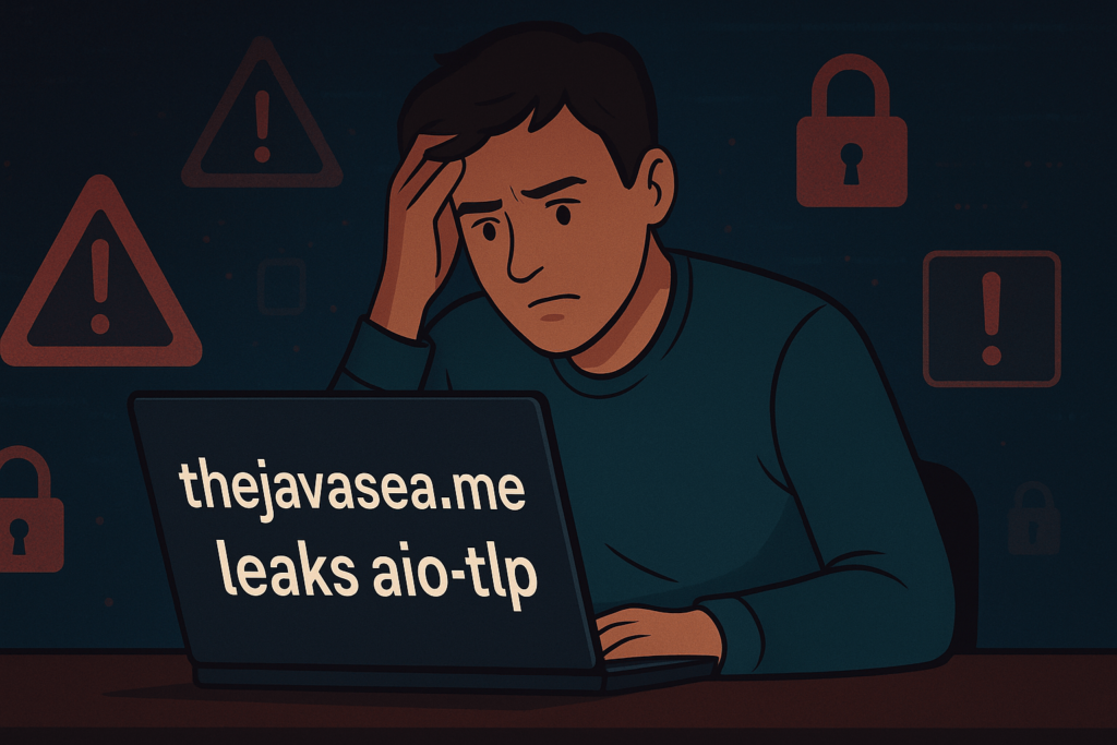 user viewing thejavasea.me leaks aio-tlp alert on screen with warning icons.